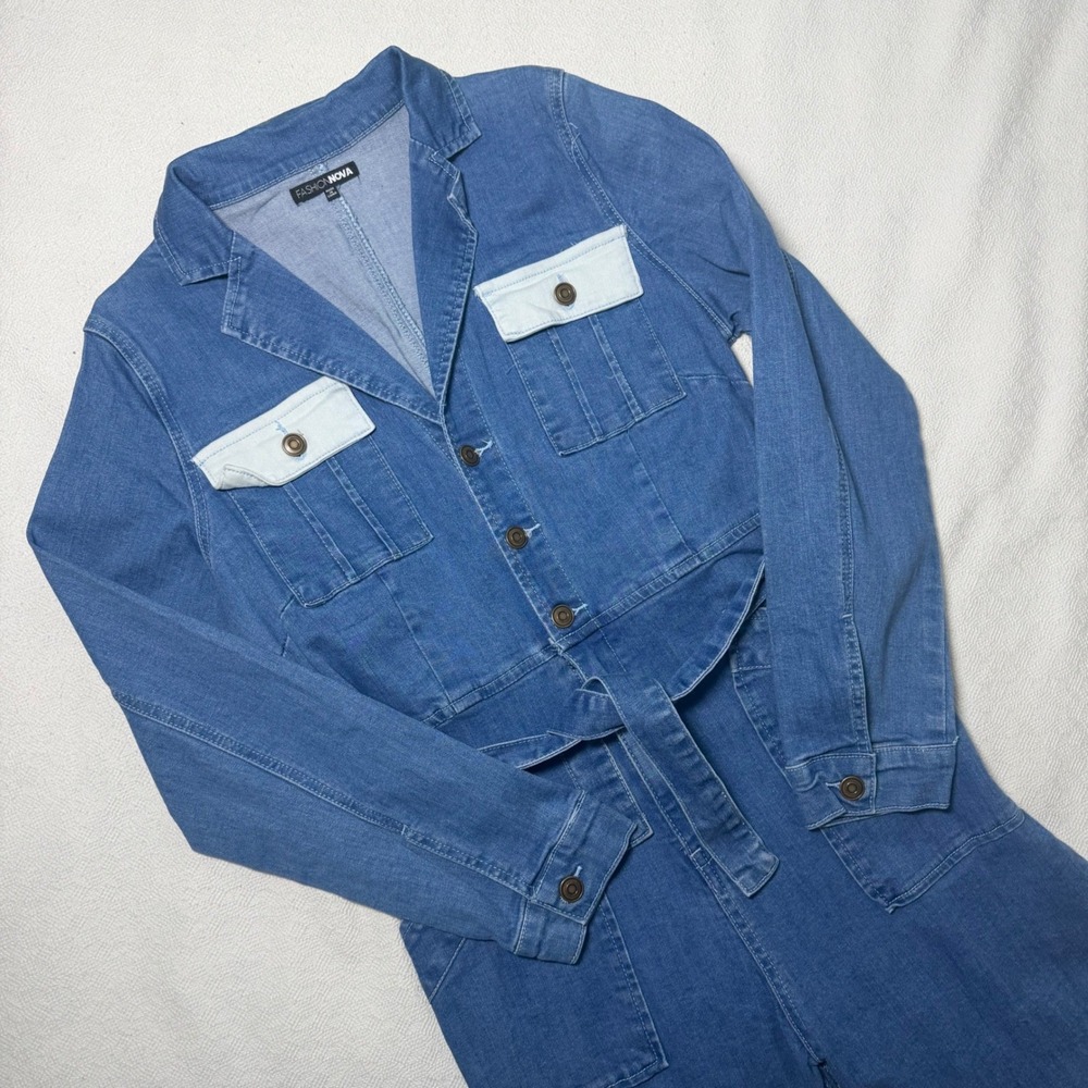 Fashion Nova Womens Medium Wash Denim Boiler Suit Utility Jumpsuit with Belt